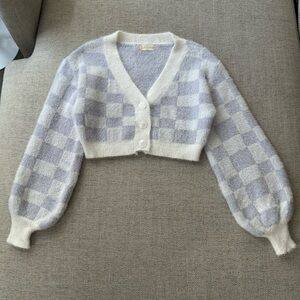 Altar'd State Cropped Checkered Soft Knit Sweater in White and Purple